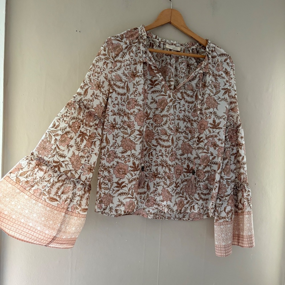 Lovestitch Womens Flare Sleeve Floral Boho Top Size S Ruffle Tassel Fairy Hippie